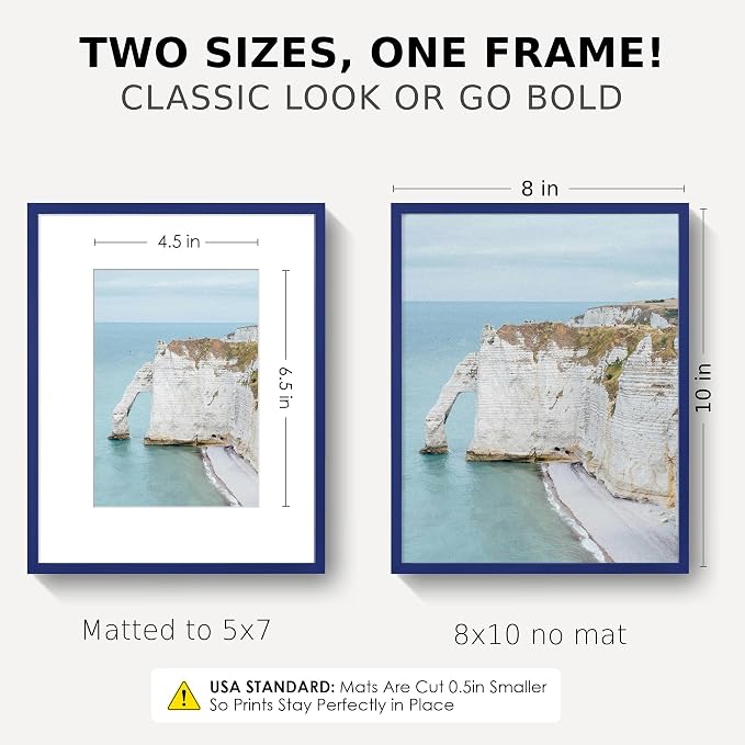 8x10 Picture Frame for 5x7 Photo, Minimalist Aluminum Frame, Navy Blue | Sleek Metal Wall Frame for Gallery, Desk, or Gift Giving | Shatterproof Glass & Wall Kit