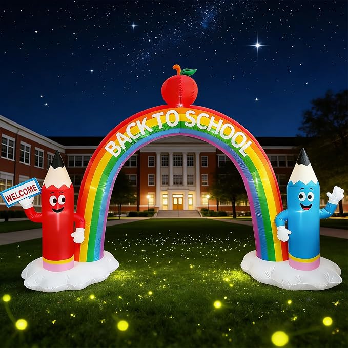 DomKom 12FT Long Back to School Inflatable Arch Featuring Open Book, Colorful Pencils Apple Decor, Ideal for 2026 First Day of School Kindergarten Graduation, Blow-up Crayon Archway for Yard Decor