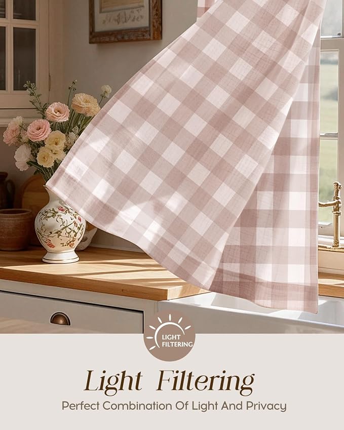 Miss Adola Farmhouse Kitchen Tier Curtains - 24 Inch Length Linen Blend Cafe Curtains Plaid Small Window Treatments Over Sink Rod Pocket for Bathroom Living Room Light Filtering, 2 Panels