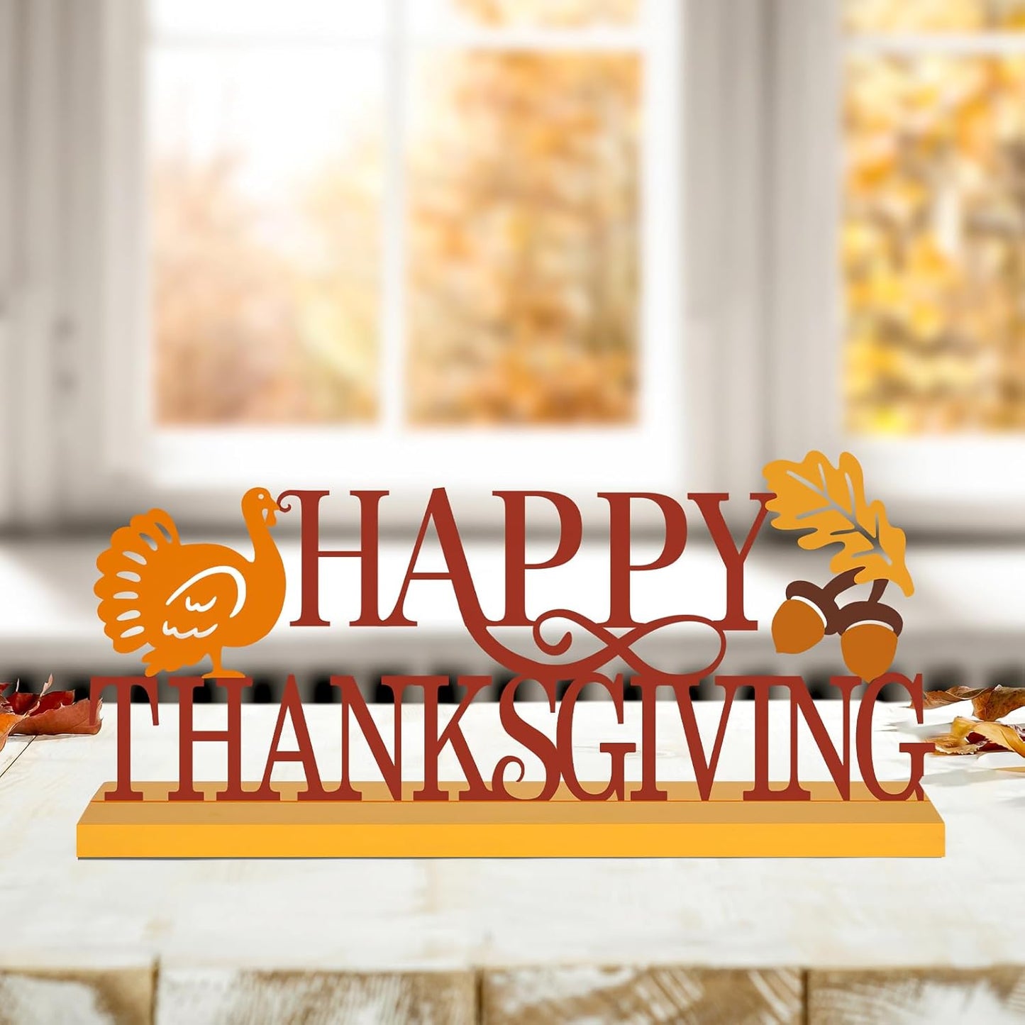 COCHIE Metal Happy Thanksgiving Sign, Fall Leaves Turkey Table Centerpieces Decorations for Home, Office, Shelf, Mantel, Indoor, Traditional Party Supplies Decor (Thanksgiving)