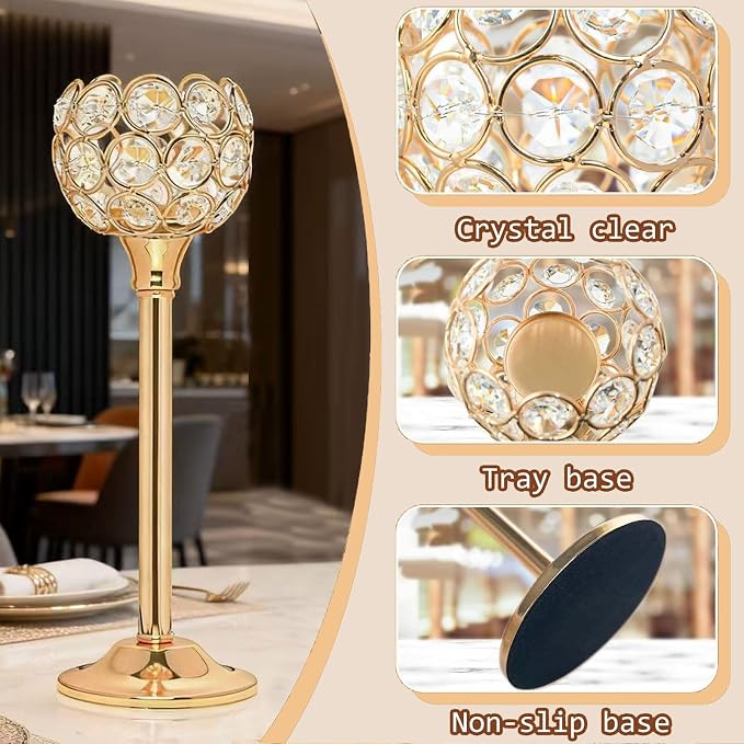 Candle Holder Candlestick Holders- 1Set Gold Crystal Pillar Candle Holders,Metal Candlestick Stands for Wedding Centerpieces,Table Decor for Church,Valentine's Day Housewarming Gift,3Pcs