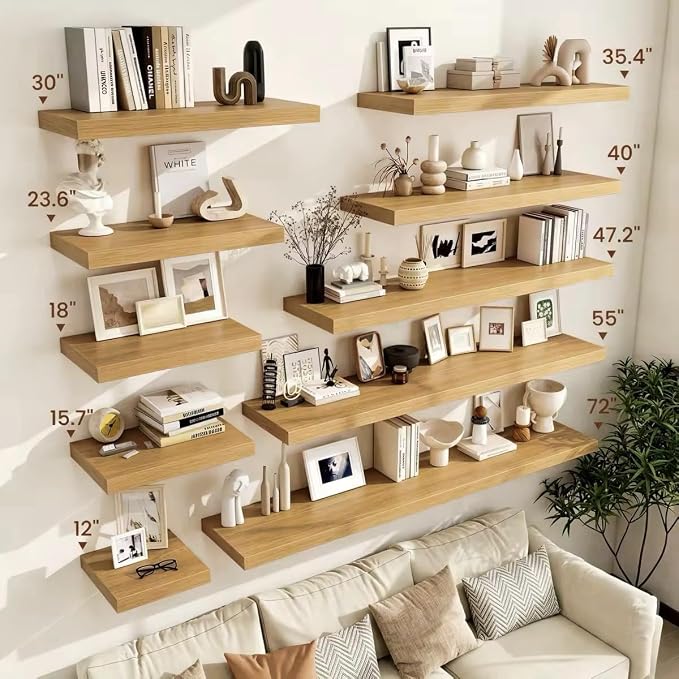 Vivelove 12 Inch Deep Floating Shelves 47.2 inch Long, 2 Inch Thick Wall Shelves with Invisible Brackets, Shelf for Bedroom Bathroom Living Room Kitchen Office Home Decor, Modern Shelf Set of 2, Oak