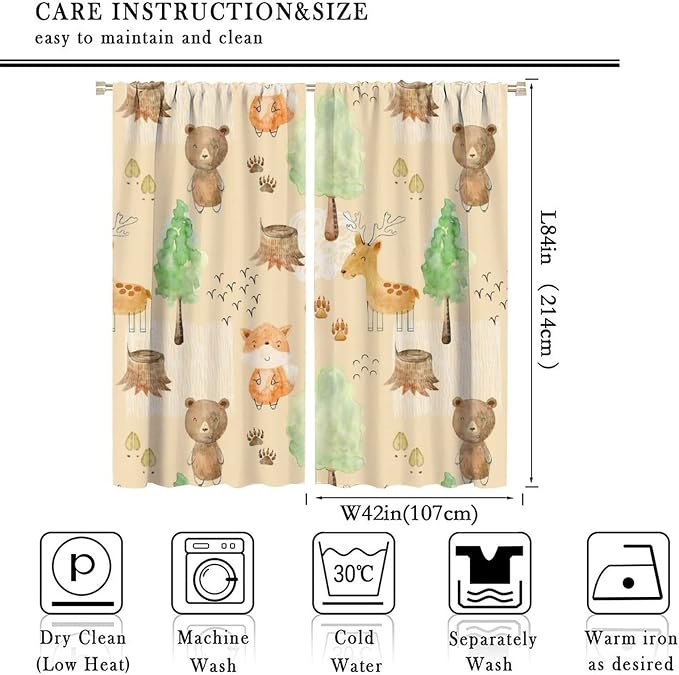Rustic Animal Curtains, Wild Forest Animal Bear Fox Deer Kids Window Treatments for Living Room Bedroom, Farmhouse Woodland Blackout Drapes 2 Panel Sets, 84x84 Inch