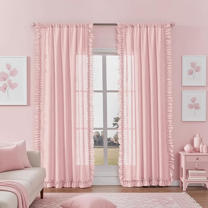 Blush Pink Linen Curtains 84 Inches Long, 2 Panels, Each W47 x L84 Inch, Farmhouse Scalloped Edge Feminine Ruffled Curtains for Living Room, Rod Pocket Privacy Semi-Sheer Flowy Ruffle Curtain Drapes