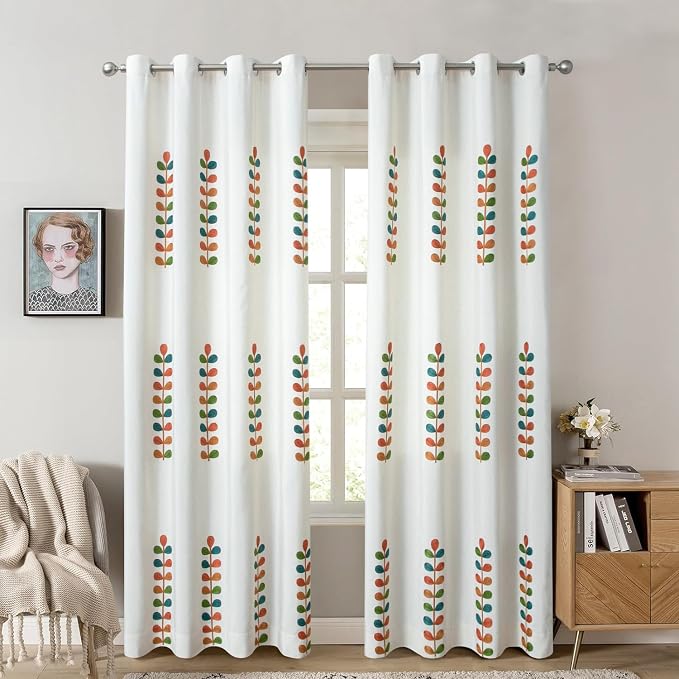 VOGOL Extra Wide Living Room Curtains, 60 x 106 Inches Linen Textured Decorative Drapes for Home Office, Country Style Leaf Pattern Room Divider Window Treatments, 2 Panels, White