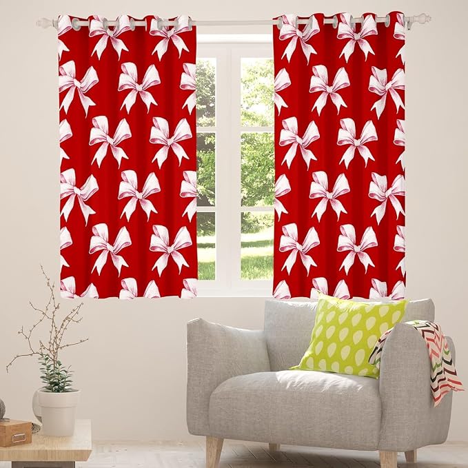Erosebridal Pink Bow Kids Curtain Watercolor Lovely Girls Bows Window Curtain 52" Wx63 L Cute Bowknot Window Treatments Kawaii Bow Tie Red 30%-50% Blackout Curtains for Bedroom