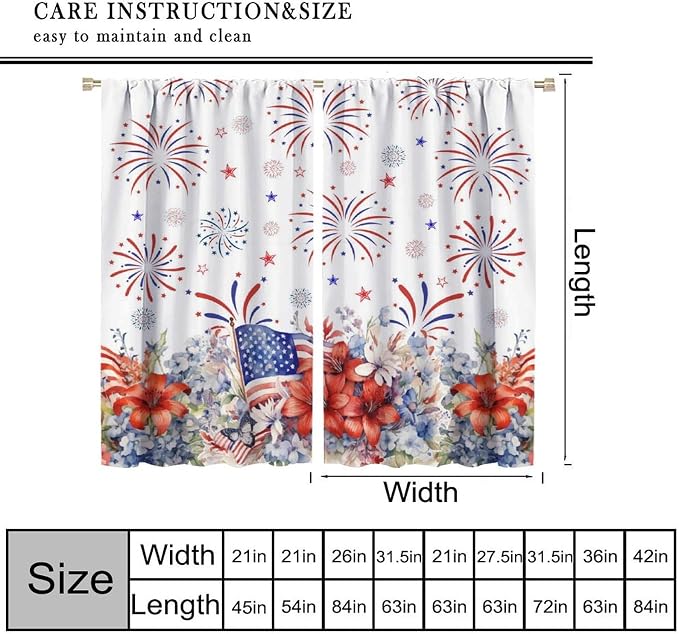 Independence Day Curtains, 4th of July Red Blue Floral Patriotic Star American Flag Drapes for Bedroom Living Room Kitchen Window Treatment 2 Panels Set Total Size 42" W X 63" L Inch