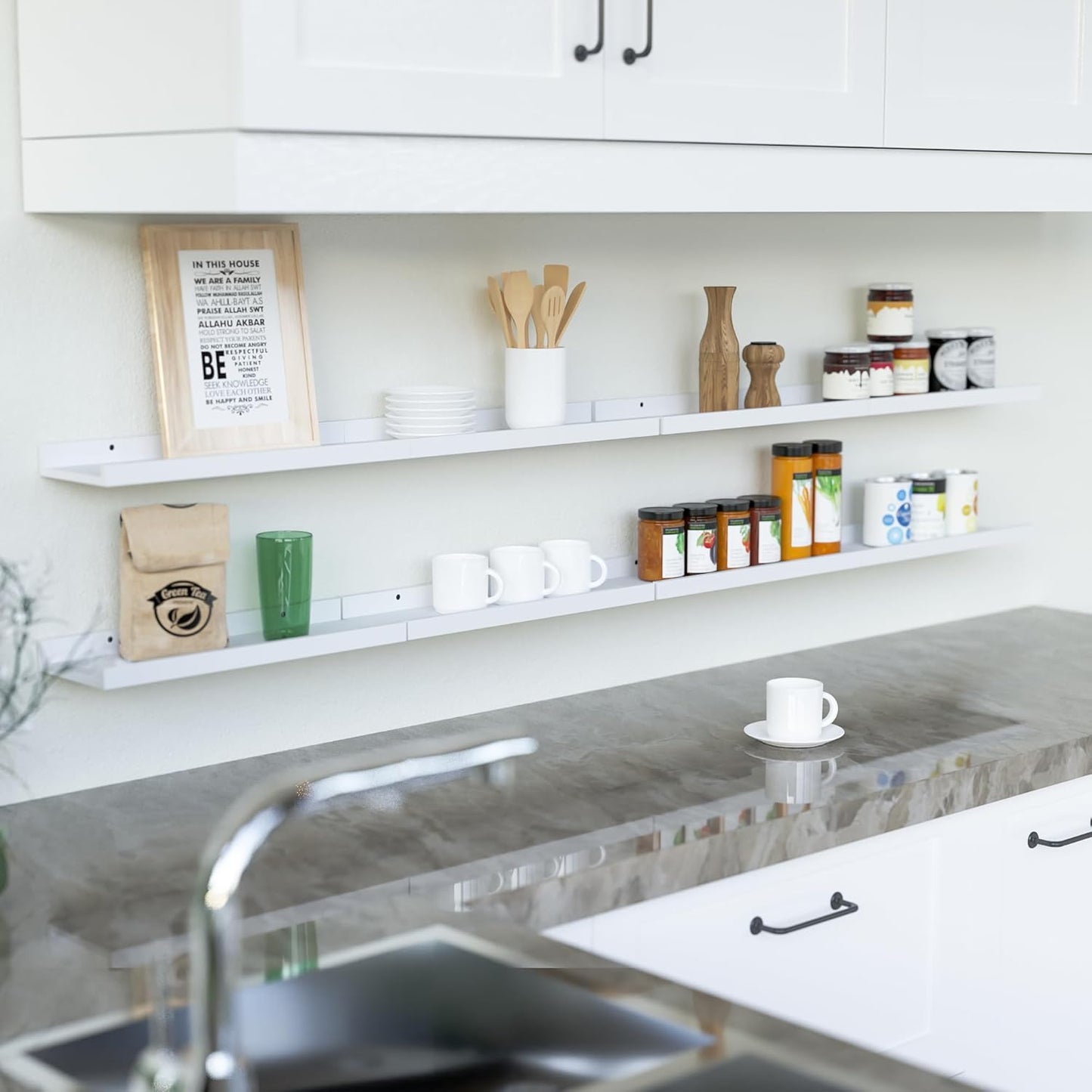 RICHER HOUSE 8 Set Floating Wall Mounted Shelves, Nursery Hanging Book Shelves with Lip for Storage, White Display Picture Ledge Shelf for Bedroom Bathroom Kitchen Living Room Wall Decor, Modern White