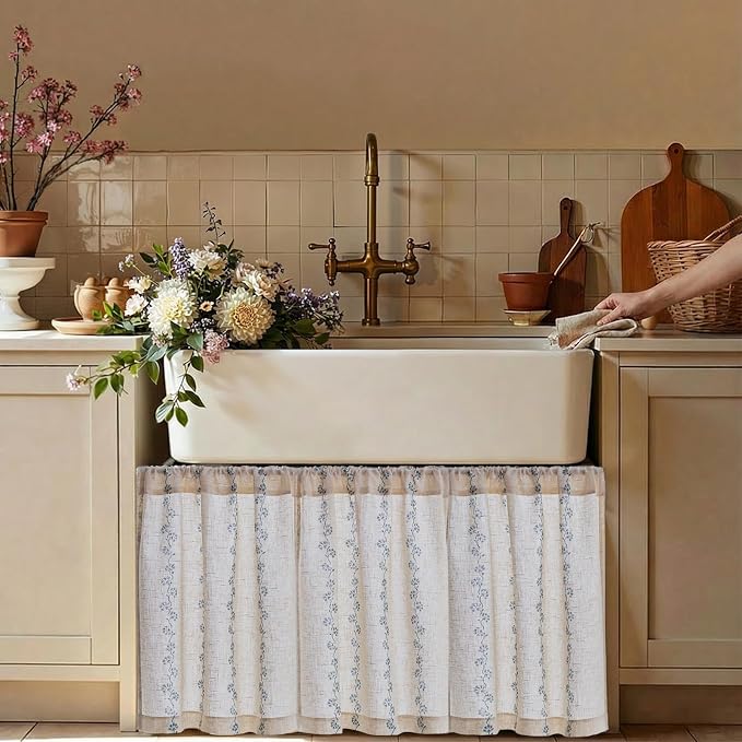 jinchan Katy Linen Floral Kitchen Curtains 30 Inches Length Stripe Cafe Curtains Farmhouse Cottagecore Tier Small Window Drapes for Living Room Light Filtering Rod Pocket 2 Panels Blue on Linen