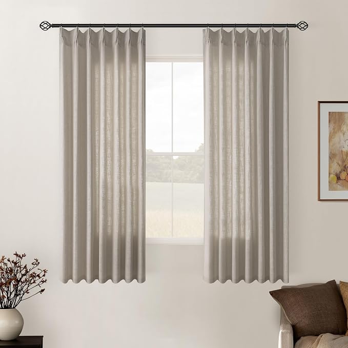 TWODRAPES Burlywood Birch Pinch Pleated Linen Curtains 2 Panels for Living Room Bedroom Memory Training Shaped Semi Sheer Pleat Drapes with Hooks Rings Light Filtering Window Curtain 40x54