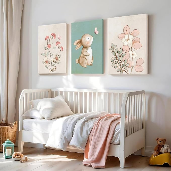 Framed Nursery Wall Art Set of 3 Pink Flower Botanical Pictures 16x24 In | Green Bunny Paintings, Cute Animal Canvas Prints for Girls and Boys Kids Room, Baby Room Decor