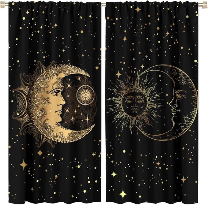Sun and Moon Blackout Windows Curtains, Golden Planet Star Mysterious Galaxy Curtains Space Curtains, for Living Room Bedroom 63x63in 2 Panels