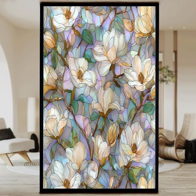 Elegant Floral Plants Stained Glass Window Film, Classic Magnolia Blossoms Peel and Stick Privacy Film, Frosted Adhesive Vinyl Decorative for Bathroom Windows Glass Doors, 31.5Wx47.2L inch