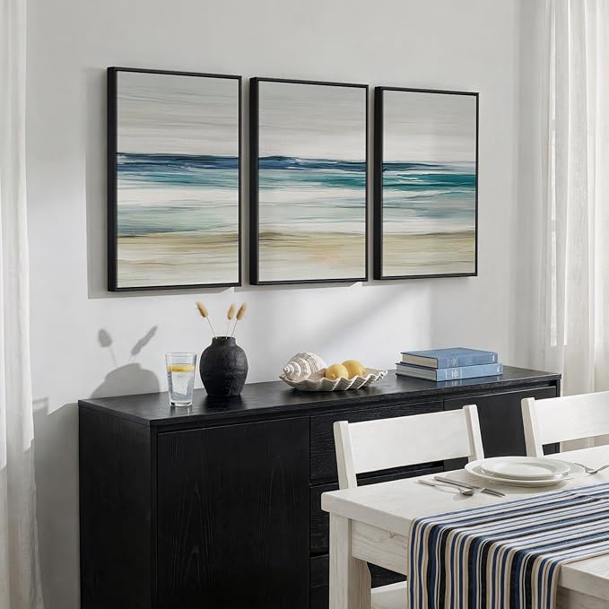 Framed Abstract Coastal Wall Art Bedroom, 3 Piece Blue Beach Landscape Canvas Artwork for Walls, Minimalist Ocean Seascape Painting Prints for Dining Room Living Room Bathroom Wall Decor, 16x24 Inch