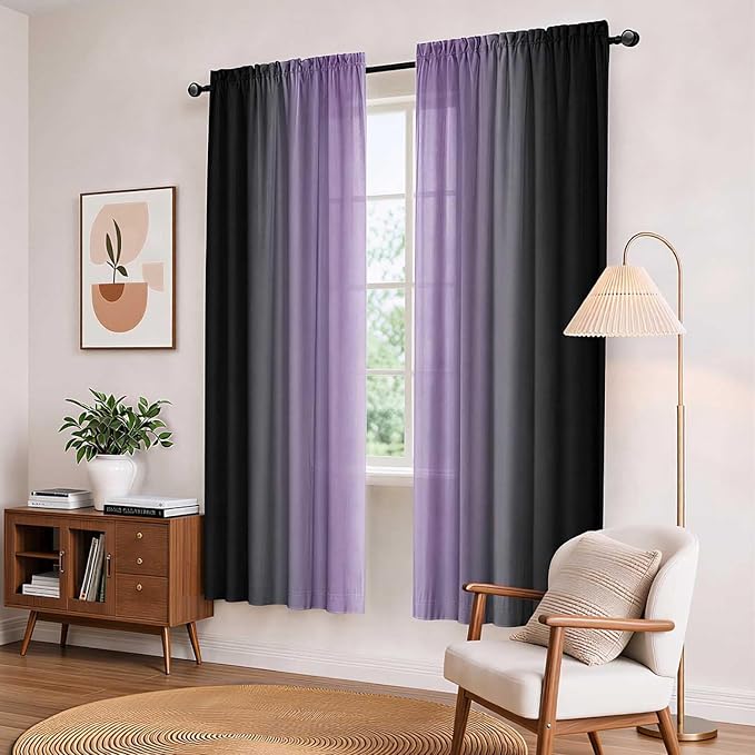 Purple and Black Curtains for Living Room 63 Inch Length Ombre Curtains 2 Panel Bedroom Black and Purple Curtains Rod Pocket Light Filtering Window Curtain Modern Gradient Drapes