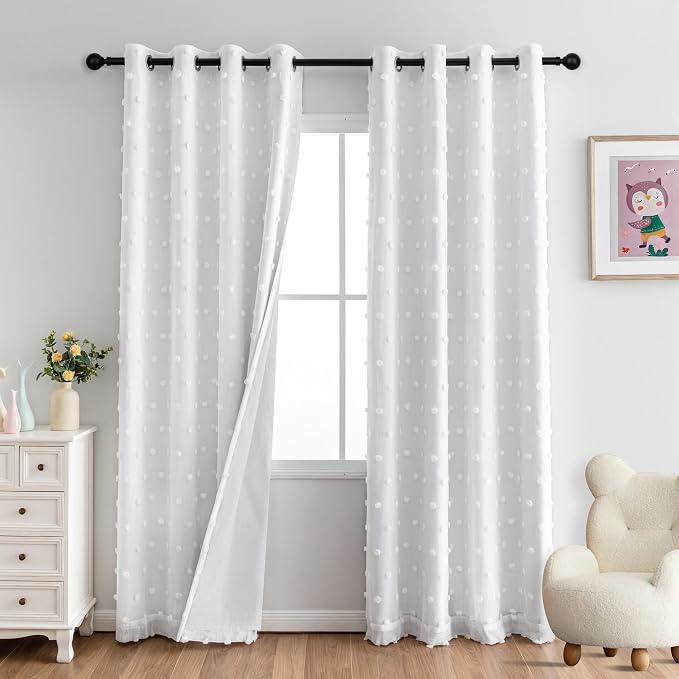 MYSKY HOME White Curtains 100% Blackout Curtains for Bedroom 80 Inch Long Light Blocking Drapes for Girls Room Thermal Insulated Room Darkening Curtains with Pom Pom Sheer Grommet Set of 2, 52W x 80L