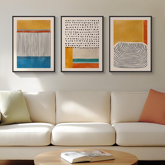 Framed Abstract Mid Century Modern Wall Art Bedroom, 3 Piece Colorful Bright Blue Yellow Canvas Artwork for Walls, Modern Paintings Prints Pictures for Living Room Hallway Kitchen Wall Decor, 12x16 In