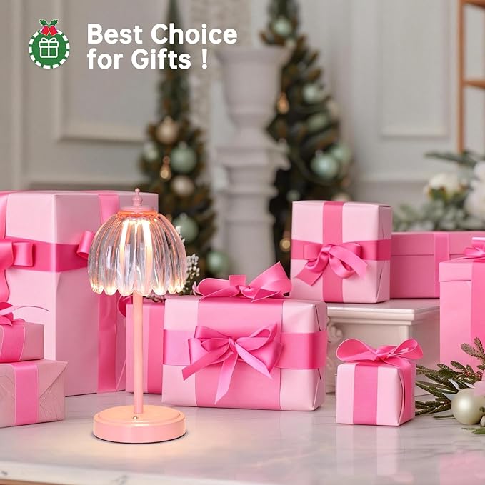 Shenmoyl Rechargeable Table Lamp with 5200mAh Battery & Touch Control - 3 Adjustable Color Temperatures, Cordless Dimmable Table Light for Bedroom, Office Desk, Nightstand (Clear Pink,Pink Base)