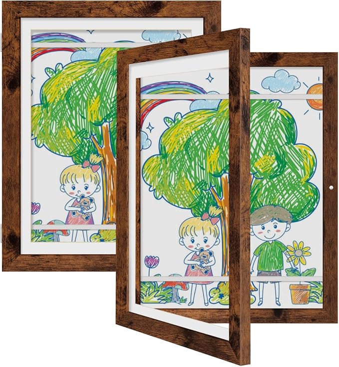Kids Art Frames 8.5x11 Set of 2 - Front Opening Childrens Picture Frame Changeable, Wood Artwork Display Storage for Wall Mount, Magnetic Door Holds 50 Art Pieces for Drawings, 3D Picture, Crafts, Portfolio, Dark Brown