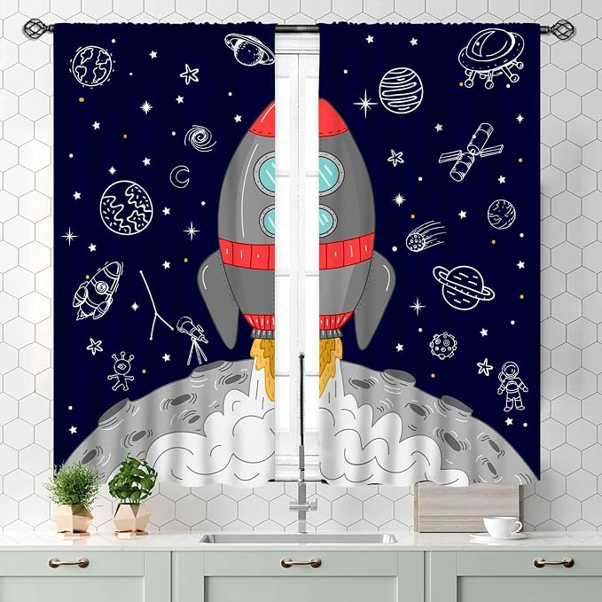 Kids Space Curtains for Boys Room, Cartoon Rocket Universe Galaxy Space Planets Navy Blackout Kids Window Drapery Treatments for Bedroom Living Room Nursery Playroom 2 Panels, 55x39 Inch