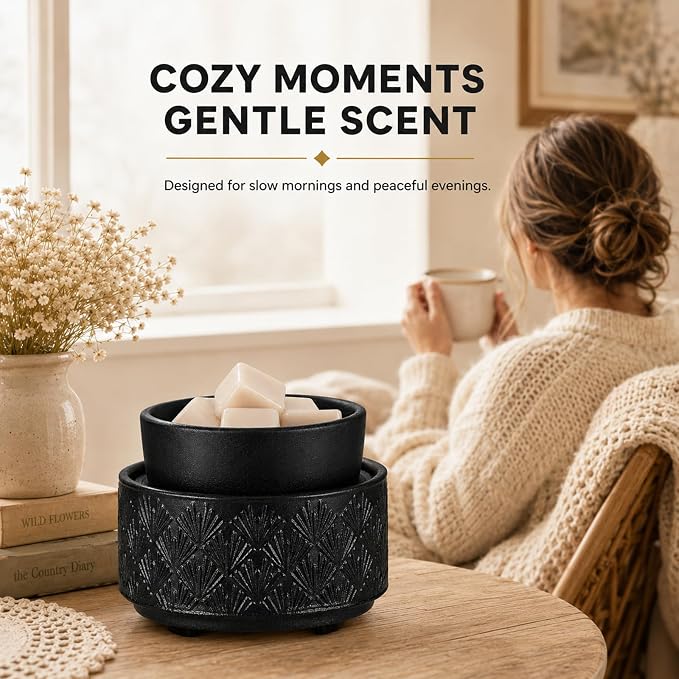 Mocosa Ceramic Wax Warmer Wax Melt Warmer for Scented Wax 3-1 Electric Candle Warmer Home Fragrance Wax Burner Perfect Christmas Gifts for Mom Women(Black-Fan Shaped)