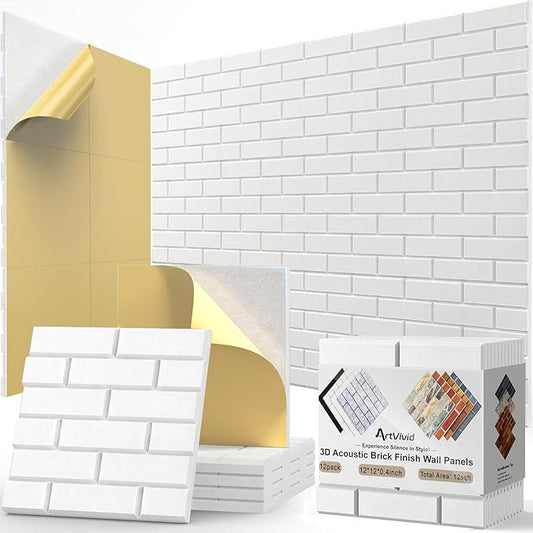 12Pack Acoustic Wall Panels, Self-Adhesive 3D Brick Pattern Sound Proof Panels for Walls, High Density Decorative Acoustic Foam Sound Proofing for Recording Studios, Office, Home, 12"×12"×0.4", White