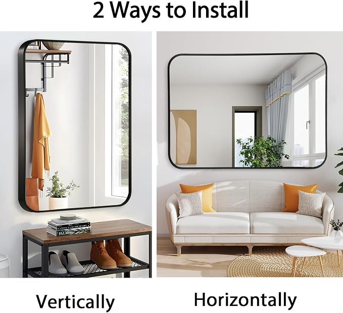 24x36 Inch Black Wall Mirror for Bathroom, Brushed Metal Framed Mirror with Rounded Corner, Rectangle Bathroom Vanity Mirror for Bedroom or Living Room, Horizontal/Vertical
