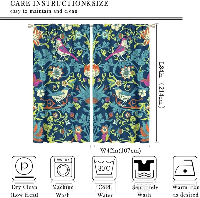 Boho William Morris Art Blackout Window Curtains, Magical Forest Vintage Flowers and Birds Rod Pocket Curtains, for Living Room Bedroom 42(W)*84(L) 2 Panels