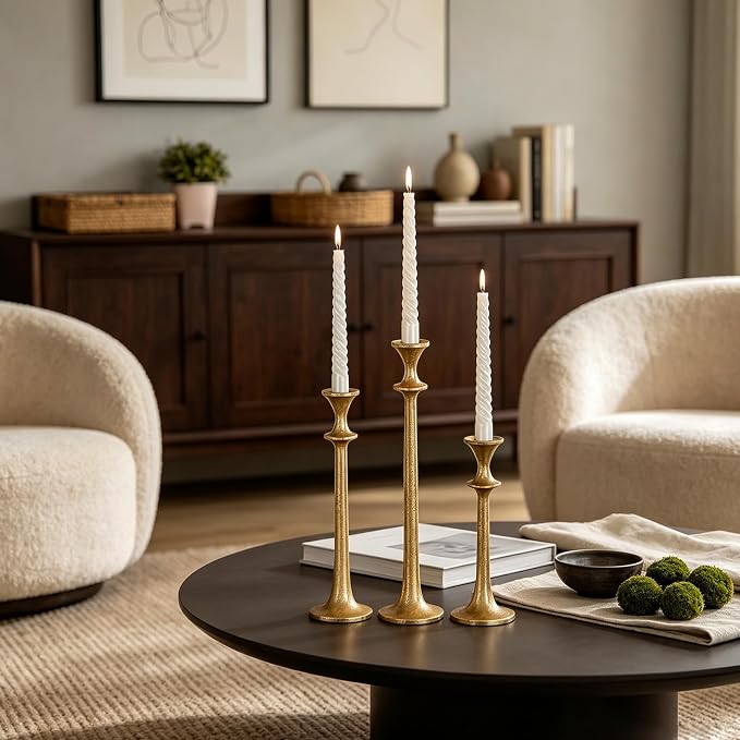 Gold Taper Candle Holders Set of 3, Heavy Candlestick Holders Decorative Candle Stand for Table Centerpiece, Cast Iron Candle Stick Holder Decor