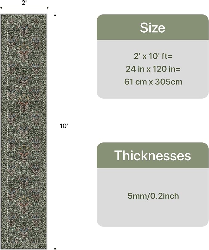 GENIMO 2x10 Washable Long Runner Rug, Non Slip Hallway Mat, Emerald Green | Vintage Boho Floral Low Pile Thin Mat for Entryway, Kitchen, Bedroom, Indoor Decor