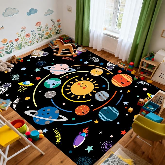 Space Rug for Boys Room - Outer Space Rug for Bedroom Machine Washable 6x8 Feet Solar System Planet Theme Carpet Decor for Playroom Classroom Decor