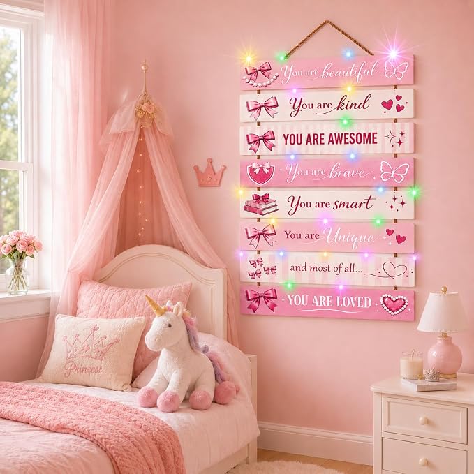 Cute Pink Bow Room Decor Set of 8 with Led Light for Teen Girls Kids Toddler, Preppy Inspirational Bow Wood Nursery Wall Decor for Dorm Bedroom, Dreamy Cozy Chic Motivational Princess Room Decor