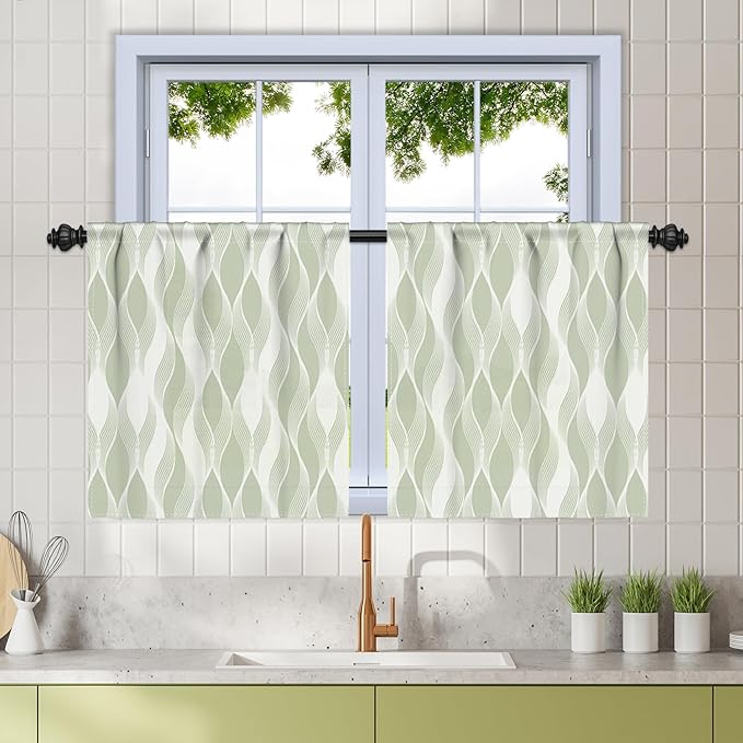 Renaiss 26 x 36 Inch Green Wave Stripes Cafe Kitchen Curtain Tiers Geometric Pattern Cafe Short Curtains Linen Textured Pinstripe Rod Pocket Window Treatmen Curtain for Dining Room Bathroom 2 Panels