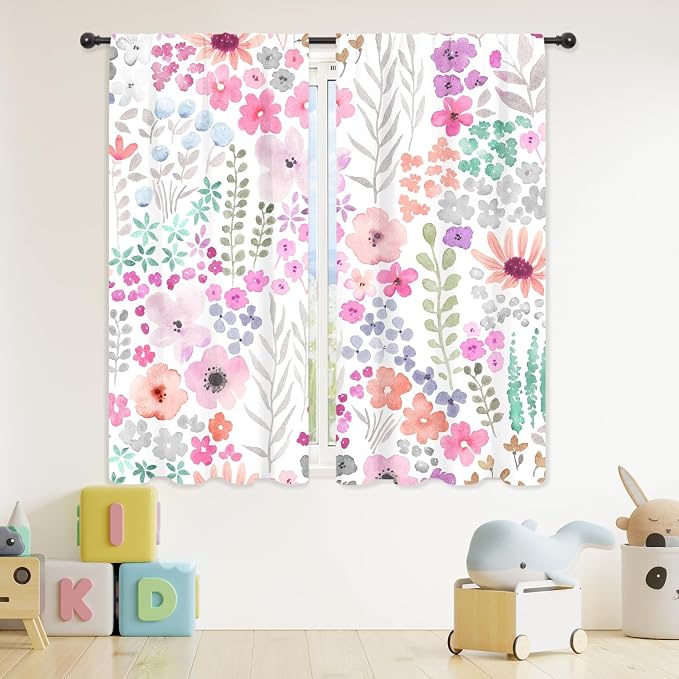Riyidecor Purple Floral Colorful Curtains Cute Watercolor Flowers Leaves Plants Leaves Girly Botanical Modern Rod Pocket Preppy Funny Bedroom Living Room Treatment Fabric 2 Panels 42Wx63H Inch