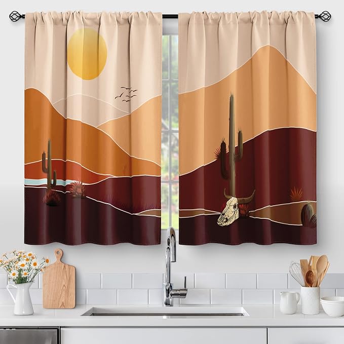 Aimego Boho Mountain Cactus Kitchen Curtains - Minimalist Abstract Mid Century Modern Sunset Plant Art Short Tier Curtains Decor for Dining Room Rod Pocket Window Drapes 2 Panels Set 28"x36"