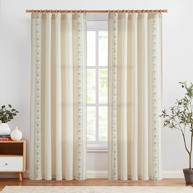 jinchan Weslie Boho Curtains for Bedroom Sage Green Vintage Floral Farmhouse Curtains 84 Inches Long Linen Drapes for Living Room Embroidered Light Filtering Drapes Sage on Beige 2 Panels