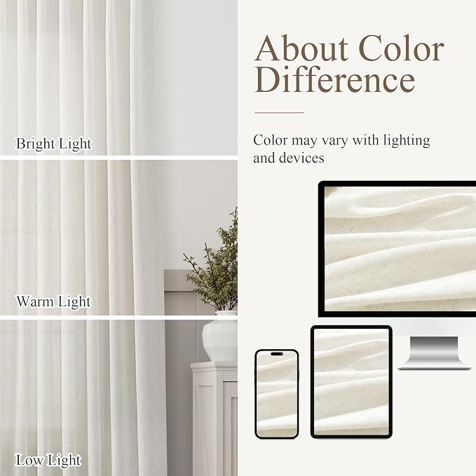 Linen Curtains 90 Inches Long for Living Room Cream Back Tab Sheer Curtain Farmhouse Rod Pocket Pleated Privacy Drapes Rustic Neutral Window Decor for Dinning Room, Natural Ivory, 52x90 2 Panels