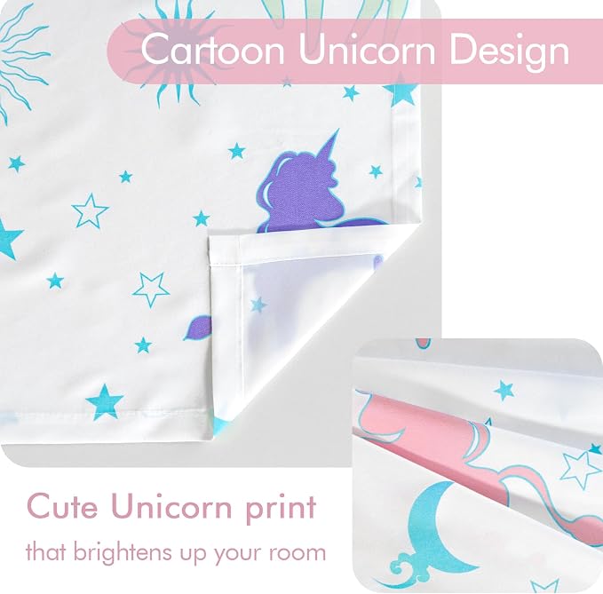 Unicorn Curtains for Girls Bedroom Decor, Glow in The Dark Pastel Princess Pink and Purple Colorful Star Room for Teen or Toddler Babys Kids Kawaii Rainbow Window Cute Classroom 2 Panels