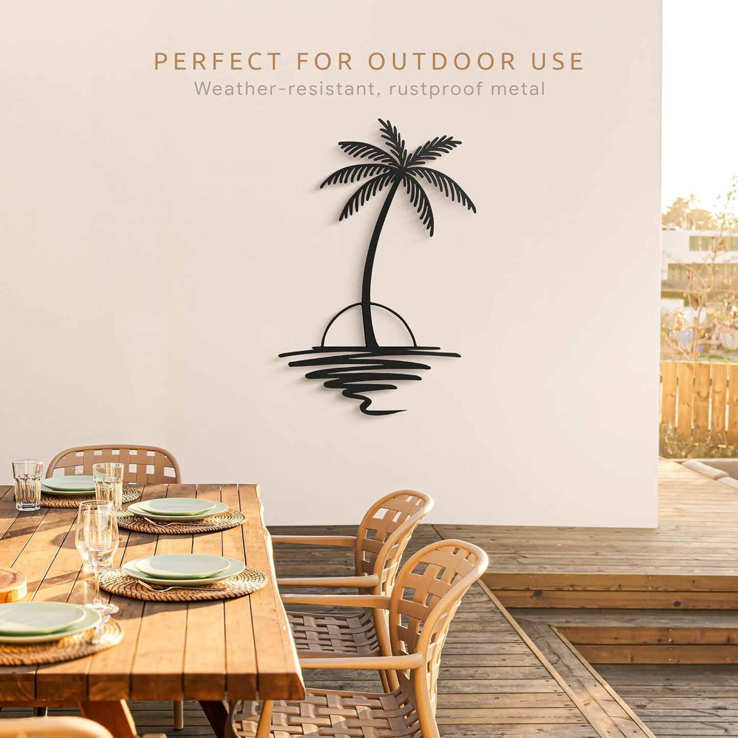 Metal Palm Tree with Sunset Wall Art, Large Outdoor Wall Decor, Tropical Beach Decor for Living Room, Bedroom, Garden Home Wall Sign, Perfect Metal Wall Art for Beach House (Black, 24 x 19 inches)