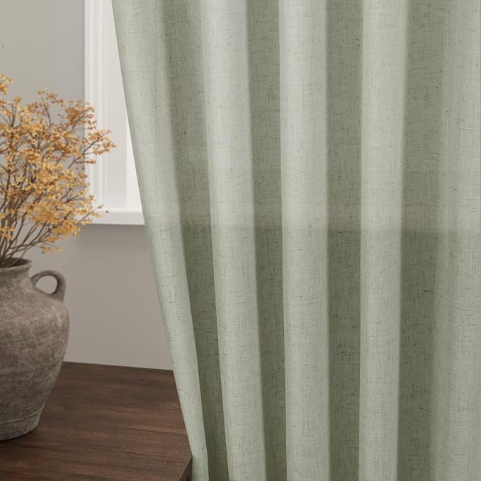 Long Sage Green Curtain 2 Panels 105 inches Long for Living Room Back Tab Rod Pocket Light Filtering Semi Sheer Drapes Cotton Linen Textured Pale Green Window Curtain 105 inch Length