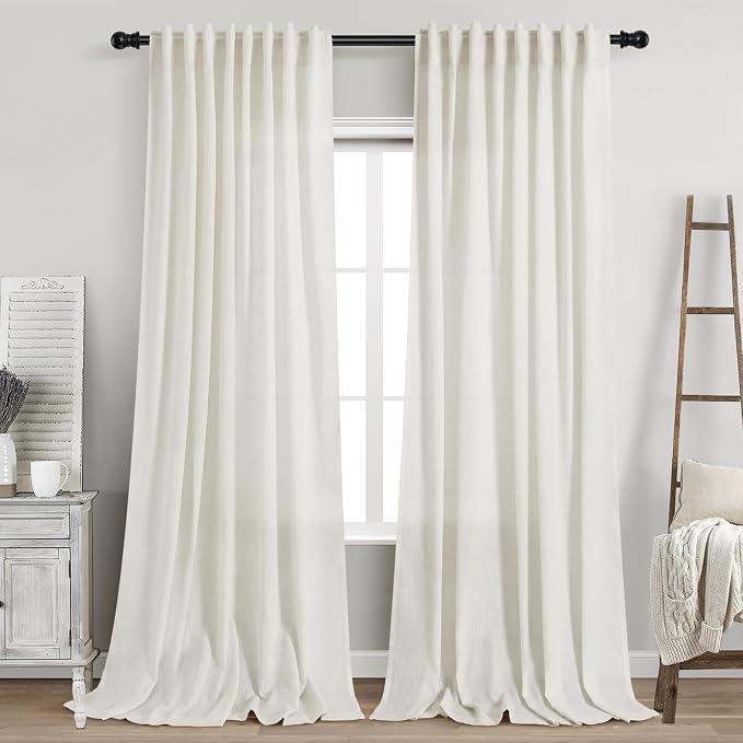 Linen Light Filtering Curtains 96 Inches Long 2 Panels Long Cream Semi Sheer Linen Blended Window Curtains Back Tab Rod Pocket Natural Cream Rustic Farmhouse Drapes for Living Room Bedroom 60x96