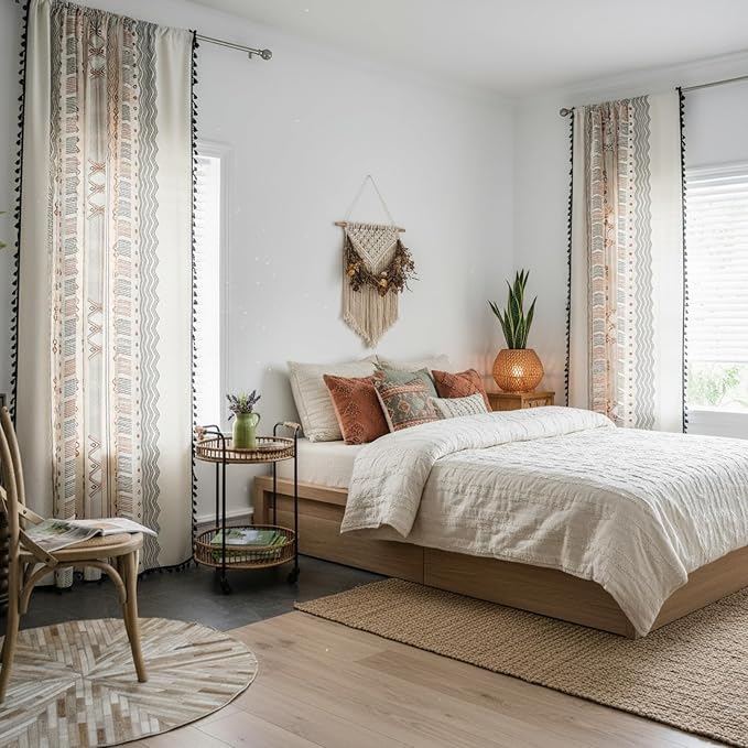 ColorBird Boho Curtains 2 Panels Orange Patterned Window Treatment Striped Geometric Aztec Western Curtain & Drapes for Living Bedroom Dining Room 63 Inch Length Boho Chic Deco