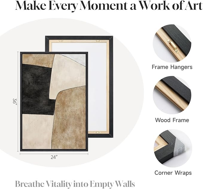 Framed Beige Black Abstract Wall Art for Living Room, Set of 2 Minimalist Geometric Neutral Artwork for Walls, Large Contemporary Painting Print for Bedroom Hallway Home Office Wall Decor, 24x36 Inch
