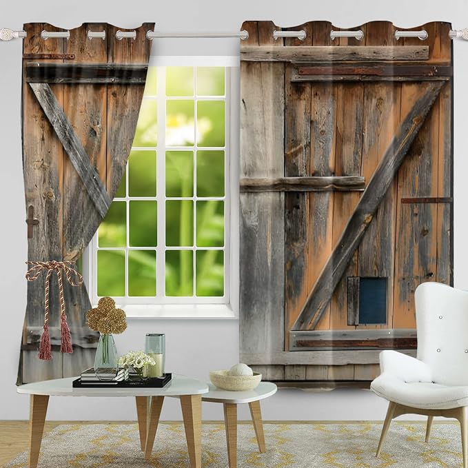 Old Grey Wood Barn Door Window Curtains American Rustic Garage Door Curtains Vintage Wooden Door Window Drapes Wood Planks Rural Style Native Farmhouse Bedroom Treatment,42x63 inch,2 Panels