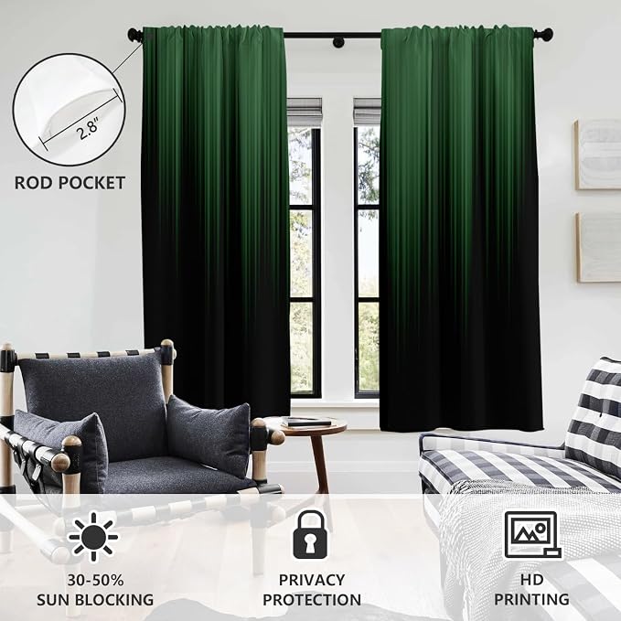 AAtter Green and Black Ombre Window Curtains, 2 Panels, 42" W x 63" L | Modern Rod Pocket Drapes, Dark Abstract Striped Style, Cool Anime Design, Trendy Gradient Bedroom Decor for Men