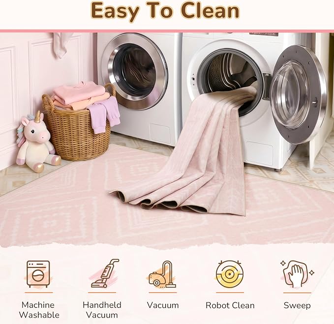 BESTSWEETIE Area Rug 6x9 Rug Machine Washable Non-Slip Low Pile Print Pattern Western Rug for Living Room Bedroom Entryway Tribal Series -Light Pink/Cream