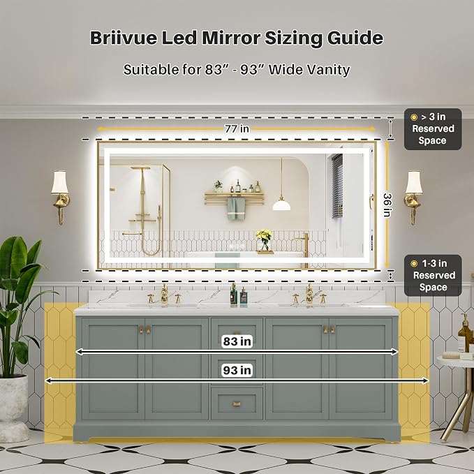 77x36 Inch LED Bathroom Mirror with Gold Frame, Backlit & Front Lit, Anti-Fog Lighted Bathroom Vanity Mirror for Wall, Memory Function, Dimmable, HD Tempered Glass, Shatter-Proof