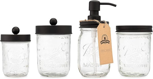 Jarmazing Products Ball Mason Jar Bathroom Gift Set (4 pcs) - Lotion/Soap Dispenser, Toothbrush Holder, Q-Tip Storage Jars - Farmhouse Home Decor for Vanity Organization - Luxury Accessories - Black
