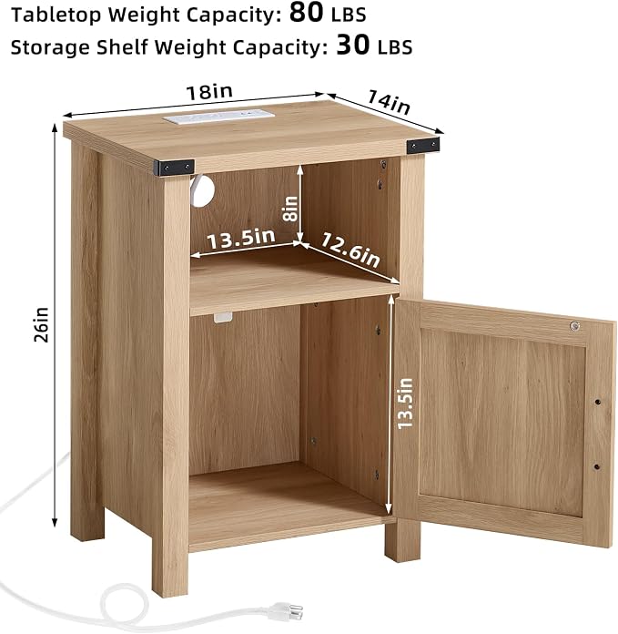 Joaxswe Boho Fluted Nightstand Set of 2 for Bedroom, 18" Rustic Night Stand with Charging Station, Modern Accent Bedside Tables with Open Storage Shelf & Door, Wooden End Table for Home, Natural Oak