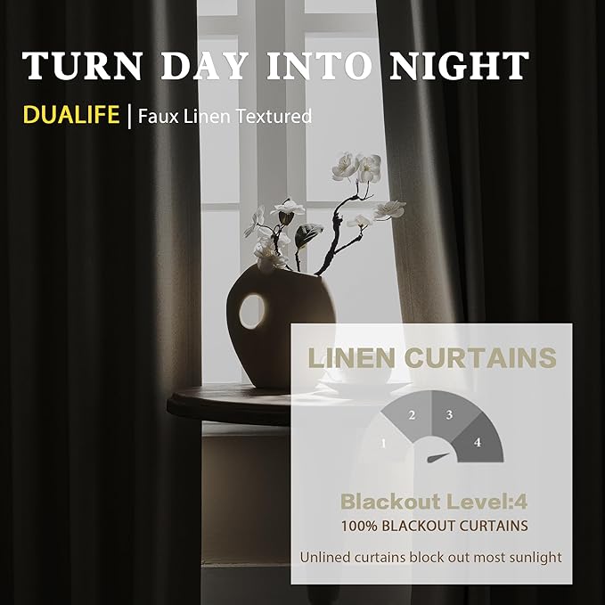 DUALIFE Greyish Beige Blackout Curtains 84 Inches Long for Bedroom Back Tab Rod Pocket Burlap Curtains Blackout Rustic Farmhouse Full Light Blocking Thermal Insulated Curtains 2 Panels 50x84 Inches
